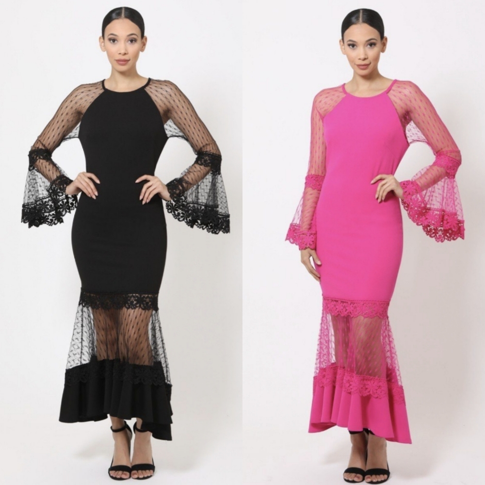 Bell Sleeve Mesh Long Dress